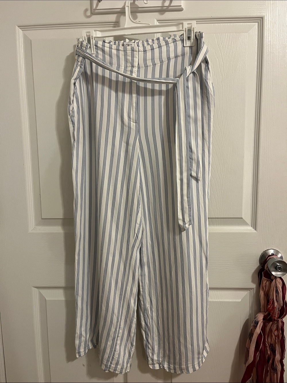 LOFT White Wide-Leg Paperbag Pants with Blue Stripes and Self-Tie